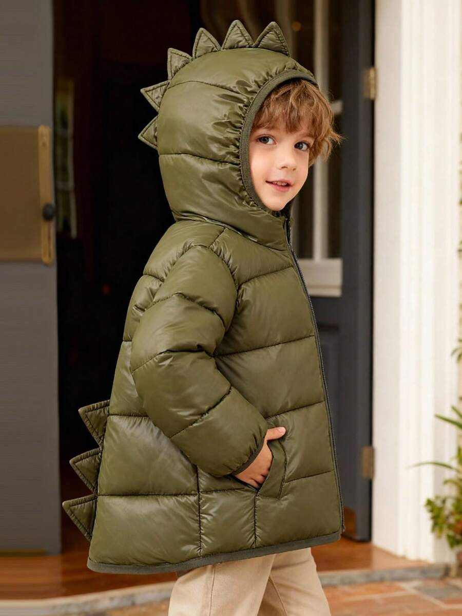 Young  Boy Girl Winter Dinosaur Hooded Puffer Jackets Coats Warm Zip-UP Padded Outerwear 3D Dinos... | SHEIN