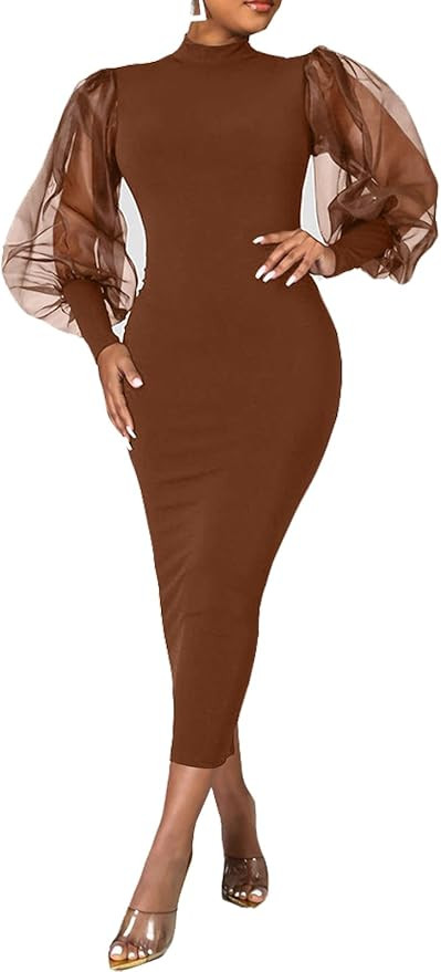 Ekaliy Women's See Through Bodycon Dress Sheer Mesh Long Puff Lantern Sleeve Dress Sexy Club Part... | Amazon (US)