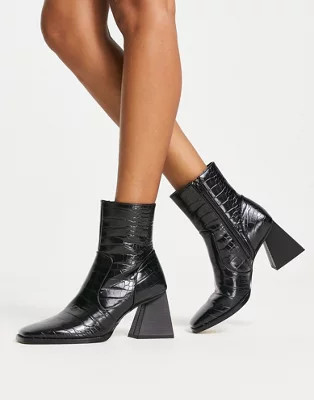 London Rebel square toe triangle heel boots in black croc | ASOS (Global)