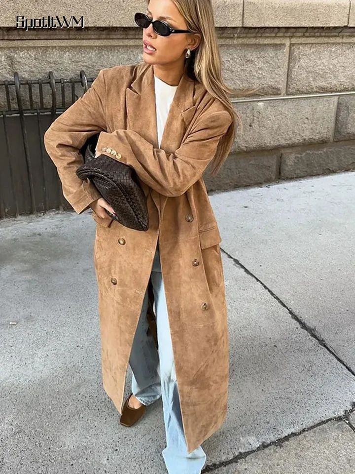 Women's Khaki Suede Leather Trench Coat - Oversized, Windproof, Casual & Elegant, Autumn Commutin... | DHGate