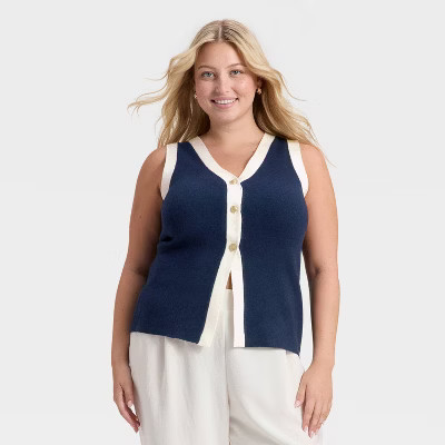 Women's Button Sweater Vest - A New Day™ Navy/Cream 3X | Target