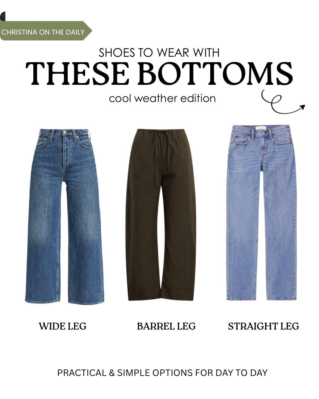 Shoes to wear with straight, wide and barrel leg- options for you! 

Boots
Suede
Sneakers
Barrel leg
Jeans
Clog
Mule
Ballet flat


#LTKxMadewell #LTKShoeCrush #LTKStyleTip