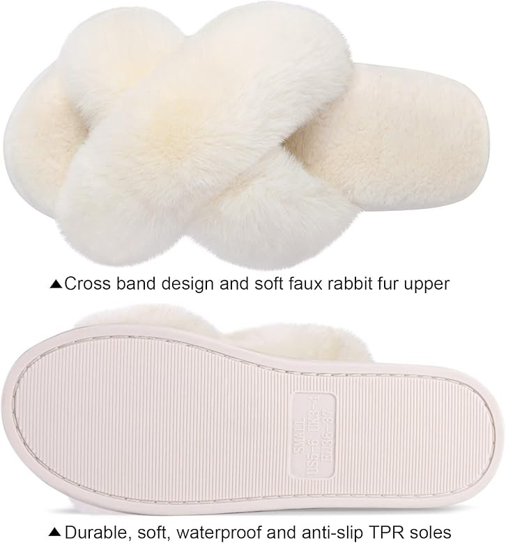 Women's Cross Band Slippers Soft Plush Furry Cozy Open Toe House Shoes Indoor Outdoor Faux Rabbit... | Amazon (US)