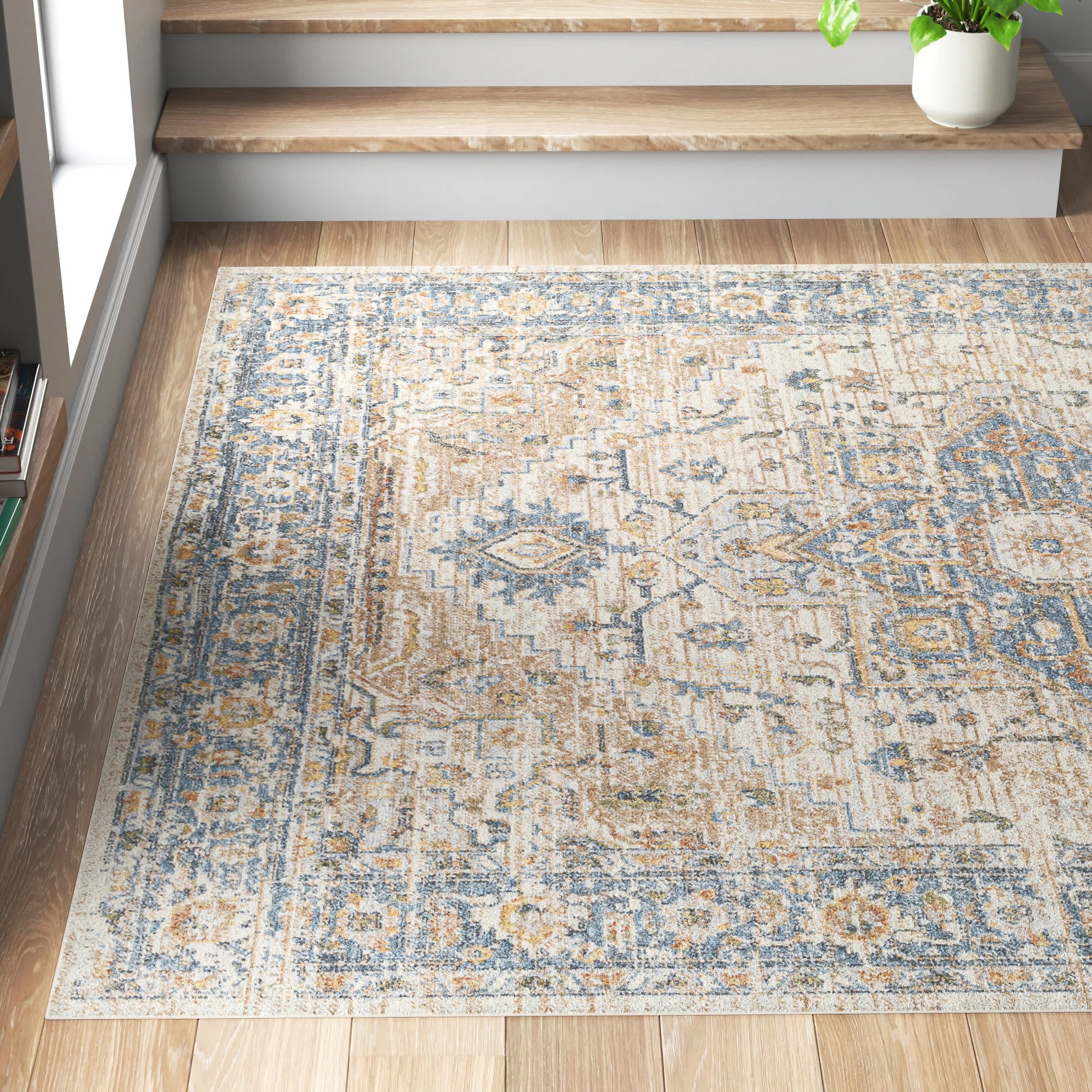 Weber Machine Washable Oriental Ivory/Blue Area Rug | Wayfair North America