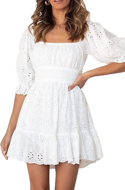 PRETTYGARDEN Women's Summer Mini Floral Babydoll Dress Short Puff Sleeve Square Neck Empire Waist... | Amazon (US)
