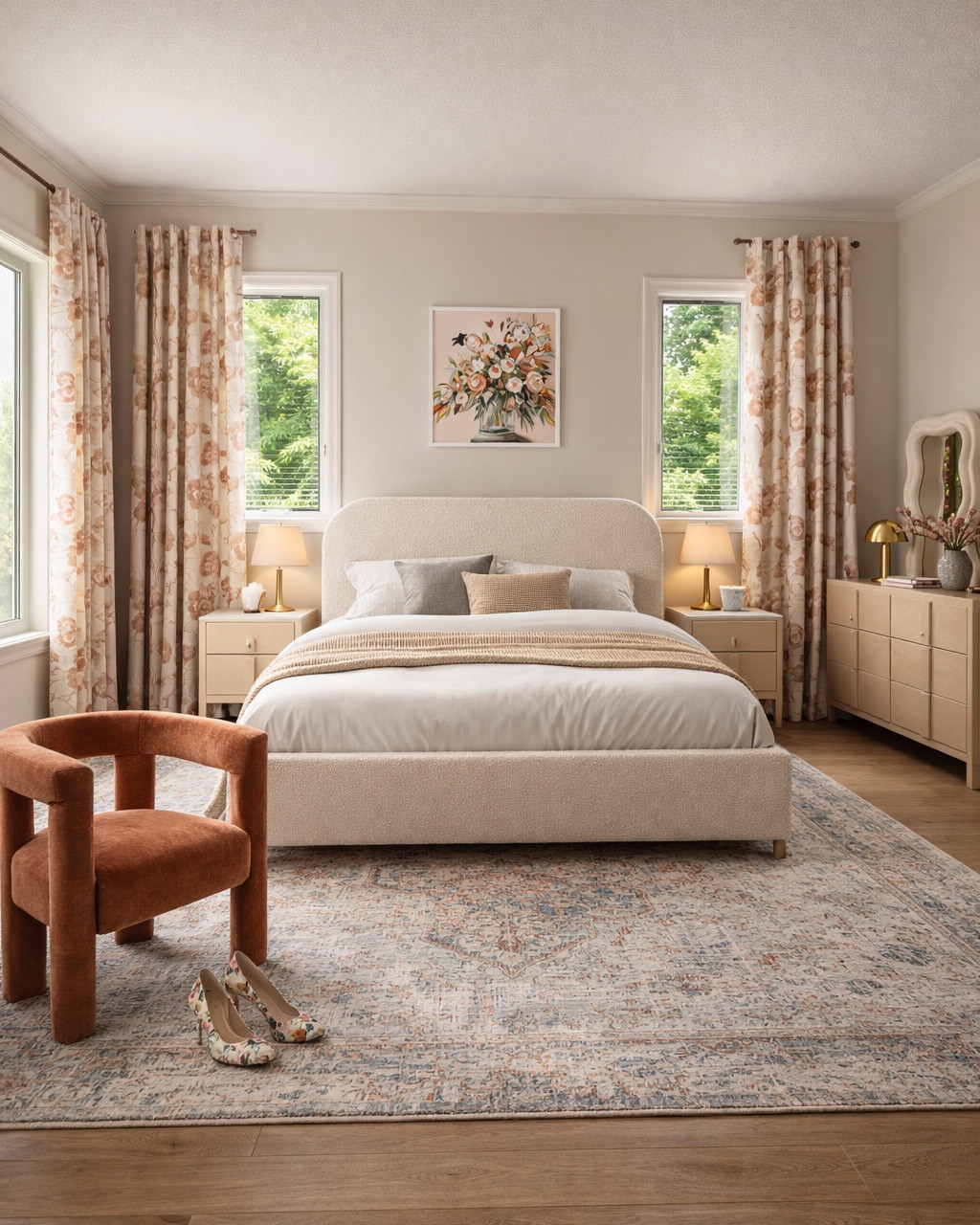 @Wayfair Neutral Spring-inspired bedroom. Beige upholstered queen bed, affordable dresser and nightstands from Wayfair, accent chair, gorgeous vase, vintage rug, art from Minted. #homedecor #bedroomideas.

#LTKSeasonal #LTKHome
