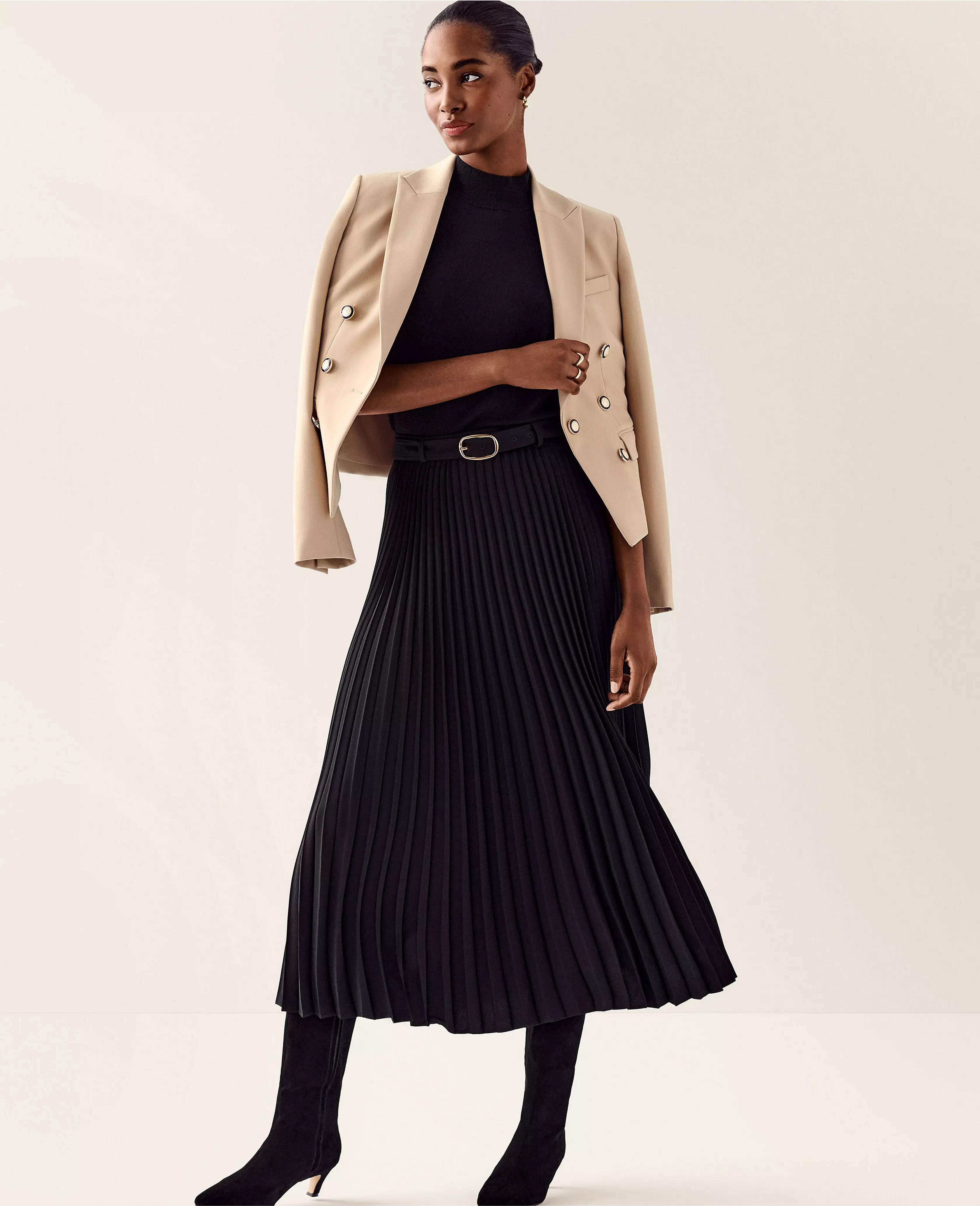 Belted Pleated Midi Skirt | Ann Taylor