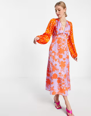 ASOS DESIGN frill open back satin midi dress in mixed red and lilac print | ASOS (Global)