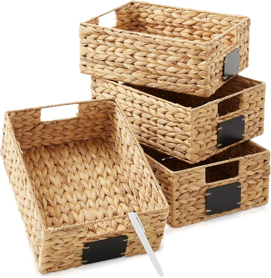 Casafield Set of 4 Water Hyacinth Pantry Baskets, 10" x 13" x 5", with Chalkboard Labels and Chal... | Amazon (US)