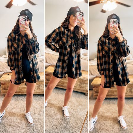 Casual fall transition outfit - sneakers - flannel - trucker hat - romper - women’s fashion - wearing a small in everything #foundonitamazon

#LTKtravel #LTKfindsunder50 #LTKstyletip