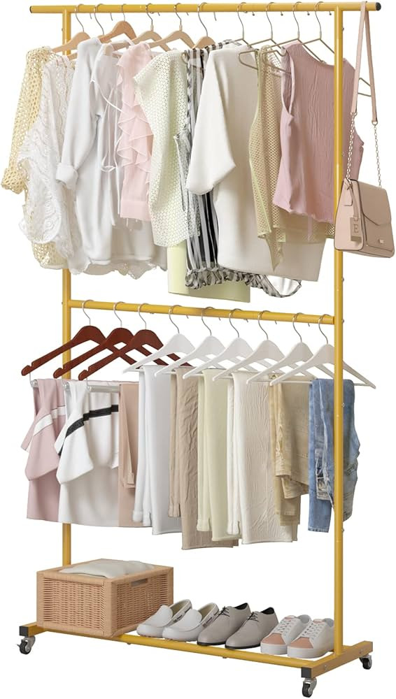Sywhitta Double Rod Clothing Garment Rack, Rolling Clothes Organizer on Wheels for Hanging Clothe... | Amazon (US)