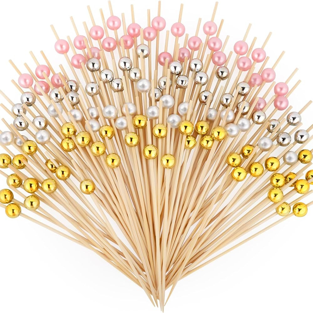 200 Cocktail Picks, Decorative Pearl Fancy Toothpicks for Appetizers, 4.7 IN Long Bamboo Skewers ... | Amazon (US)