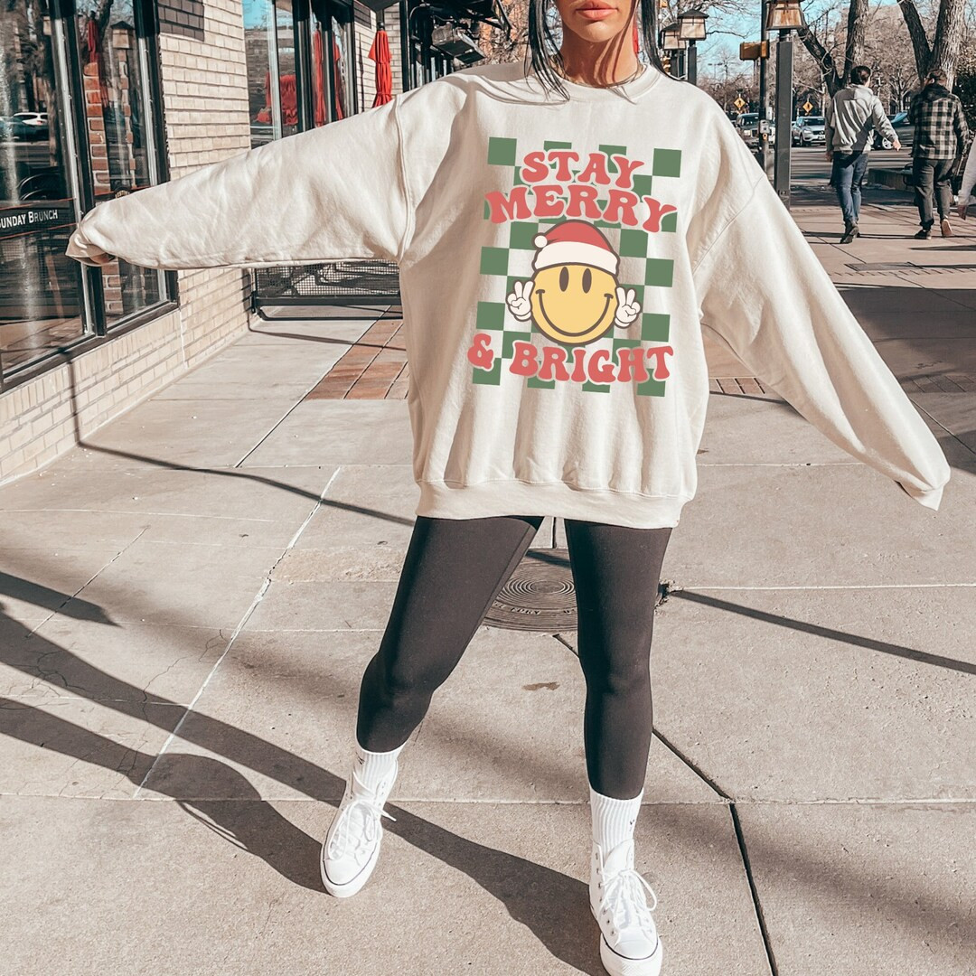Retro Checkered Print Christmas Sweatshirt Smile Face - Etsy | Etsy (US)