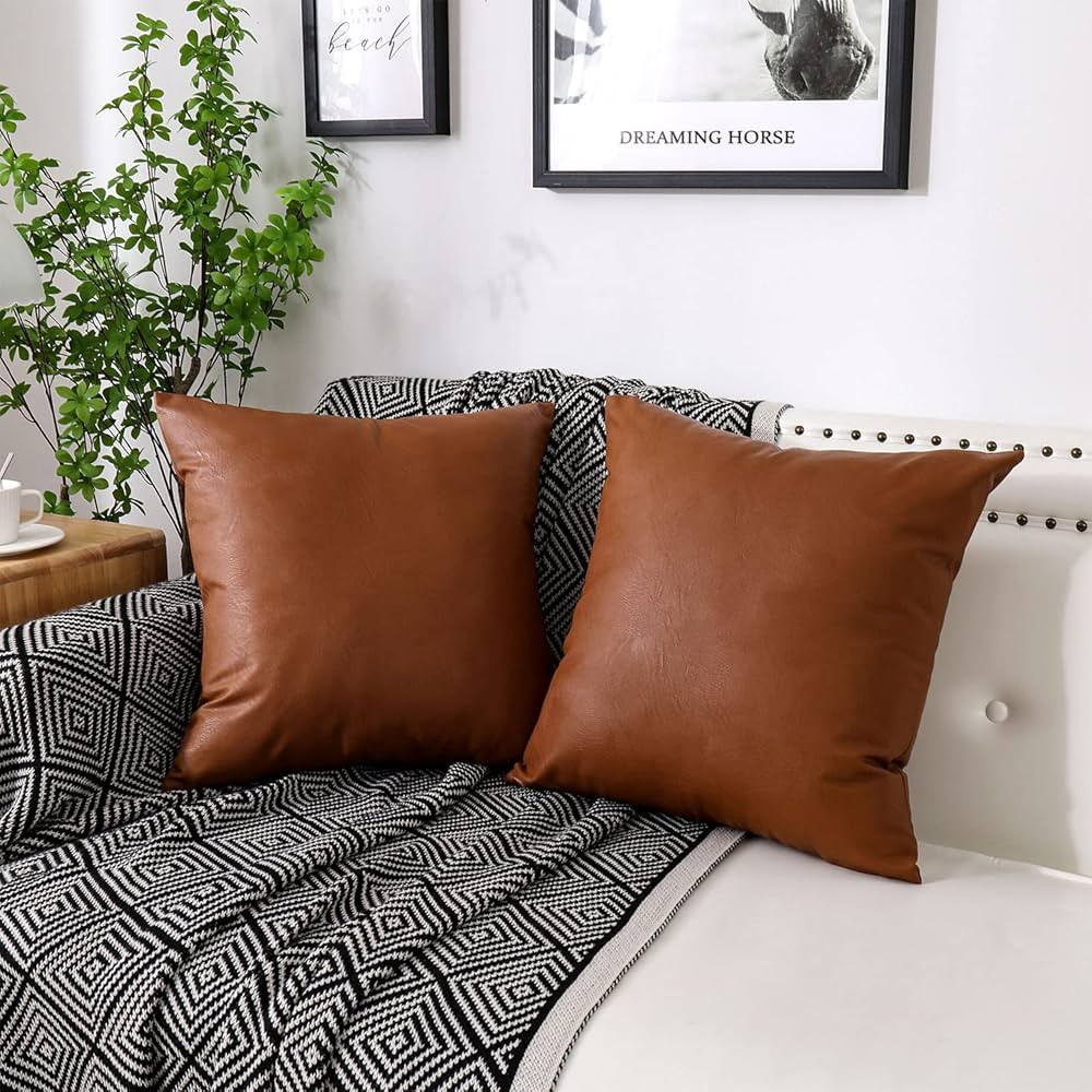 ChrisDowa Set of 2 Faux Leather Throw Pillow Covers, Thick Cognac Modern Solid Decorative for Bed... | Amazon (US)