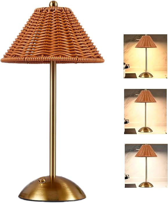 Boho Rattan Table Lamp, Cordless Wicker Lamp Rechargeable Bamboo Desk Lamp 3 Color Dimmable Touch... | Amazon (US)