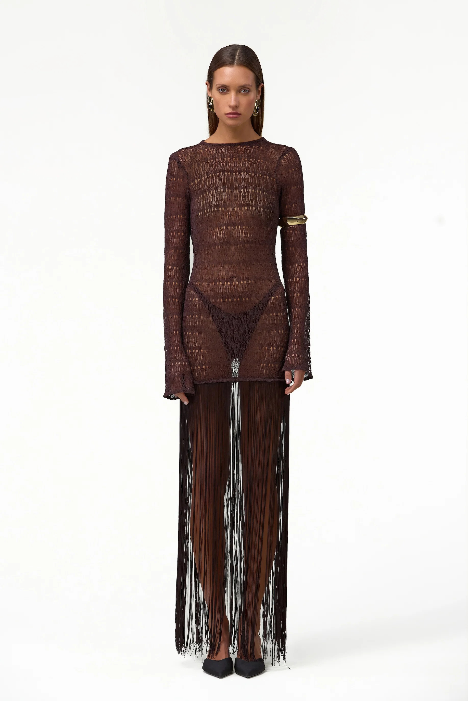 Long Sleeve Fringe Knit Maxi Dress (Chocolate Brown) | SAME