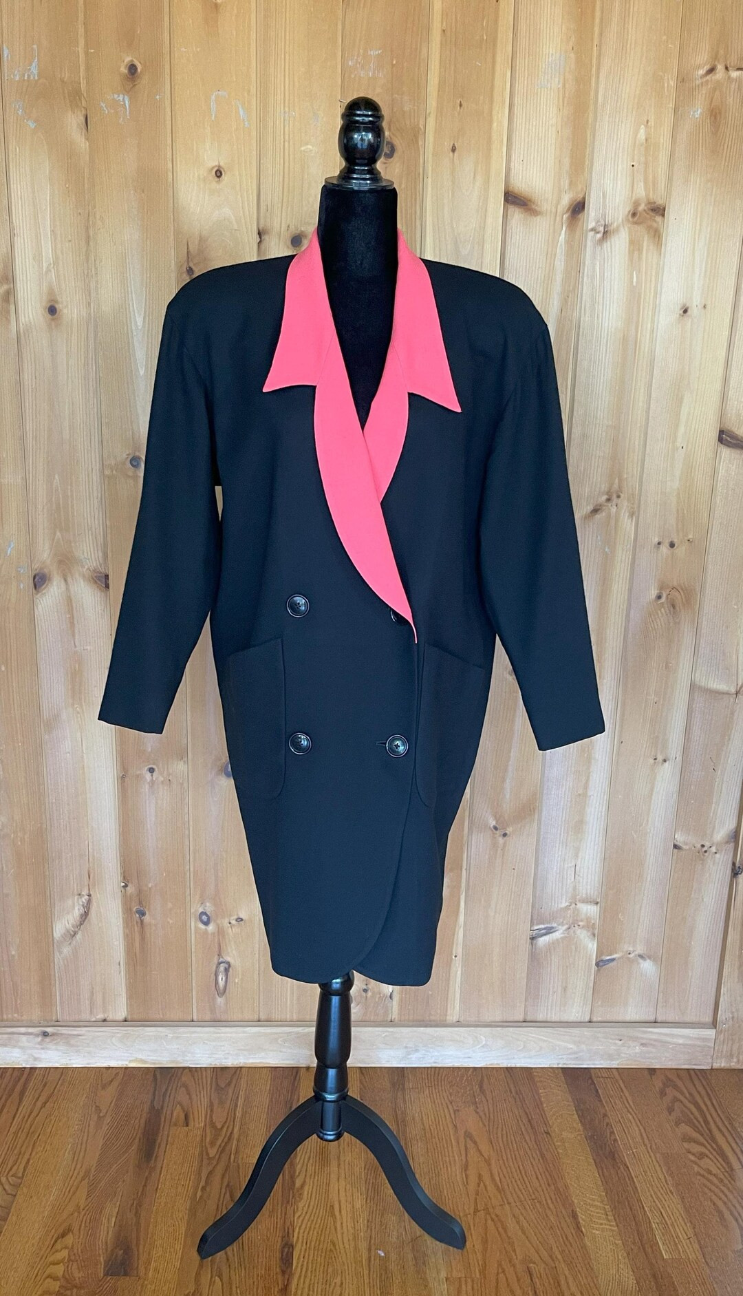 Vintage 80s Wool Blazer Dress, Oversized Black With Coral Collar - Etsy UK | Etsy (US)