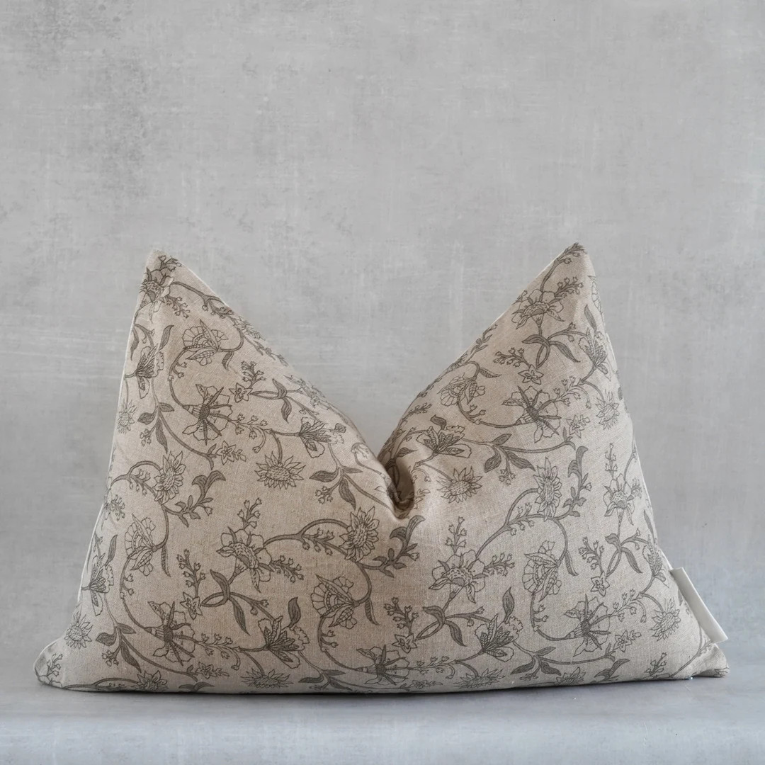 Lumbar Pillow Cover 14x20 | Beige and Brown Floral Pillow Cover | Indian Hand Block linen Pillow ... | Etsy (US)