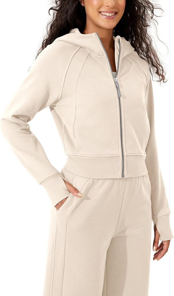 ODODOS Full-Zip Cropped Hoodies for Women Fleece Lined Long Sleeve Crop Sweatshirts with Thumb Ho... | Amazon (US)