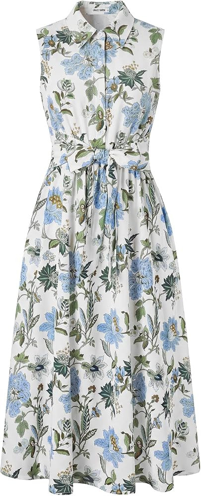 GRACE KARIN Women's 2026 Summer Sleeveless Floral Flowy Casual Dresses Boho Tie Belt A Line Shirt... | Amazon (US)