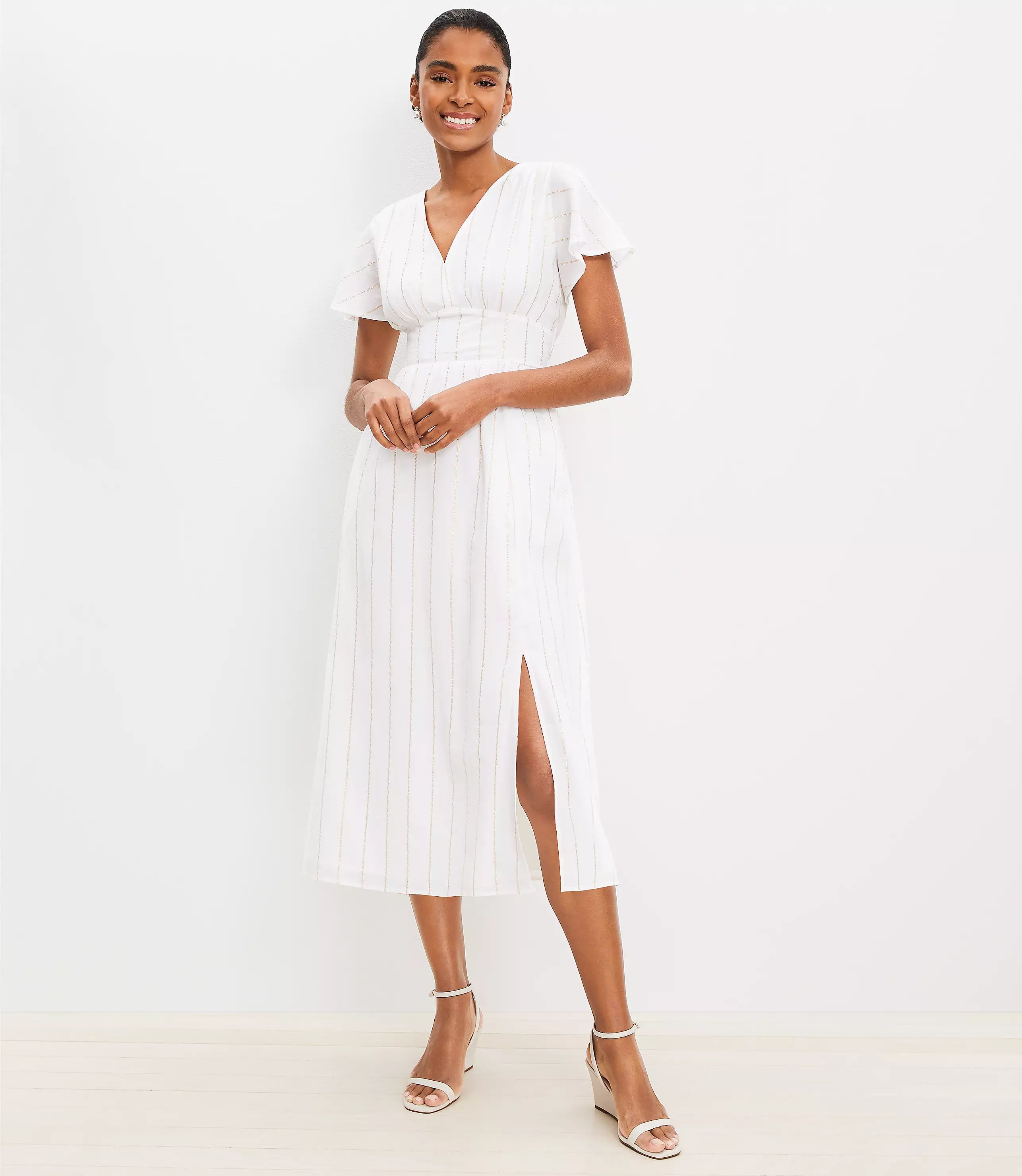 Shimmer Stripe Flutter Sleeve V-Neck Midi Dress | LOFT