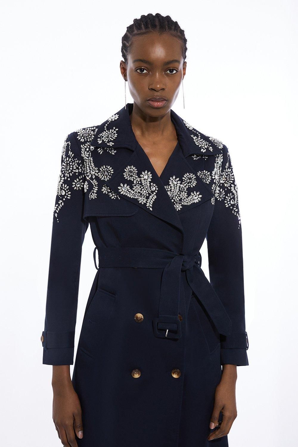 Tailored Crystal Embellished Belted Trench Coat | Karen Millen UK + IE + DE + NL