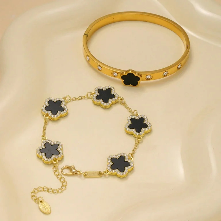 2-Piece Gold Plated Bracelet Set for Women - Four-Leaf Clover Lucky Charm Stackable Jewelry, Dain... | Walmart (US)