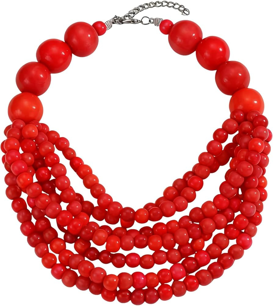 Multi Layer Beaded Statement Necklace for Women, Boho Colorful Wooden Bead Choker, Chunky Vintage... | Amazon (US)