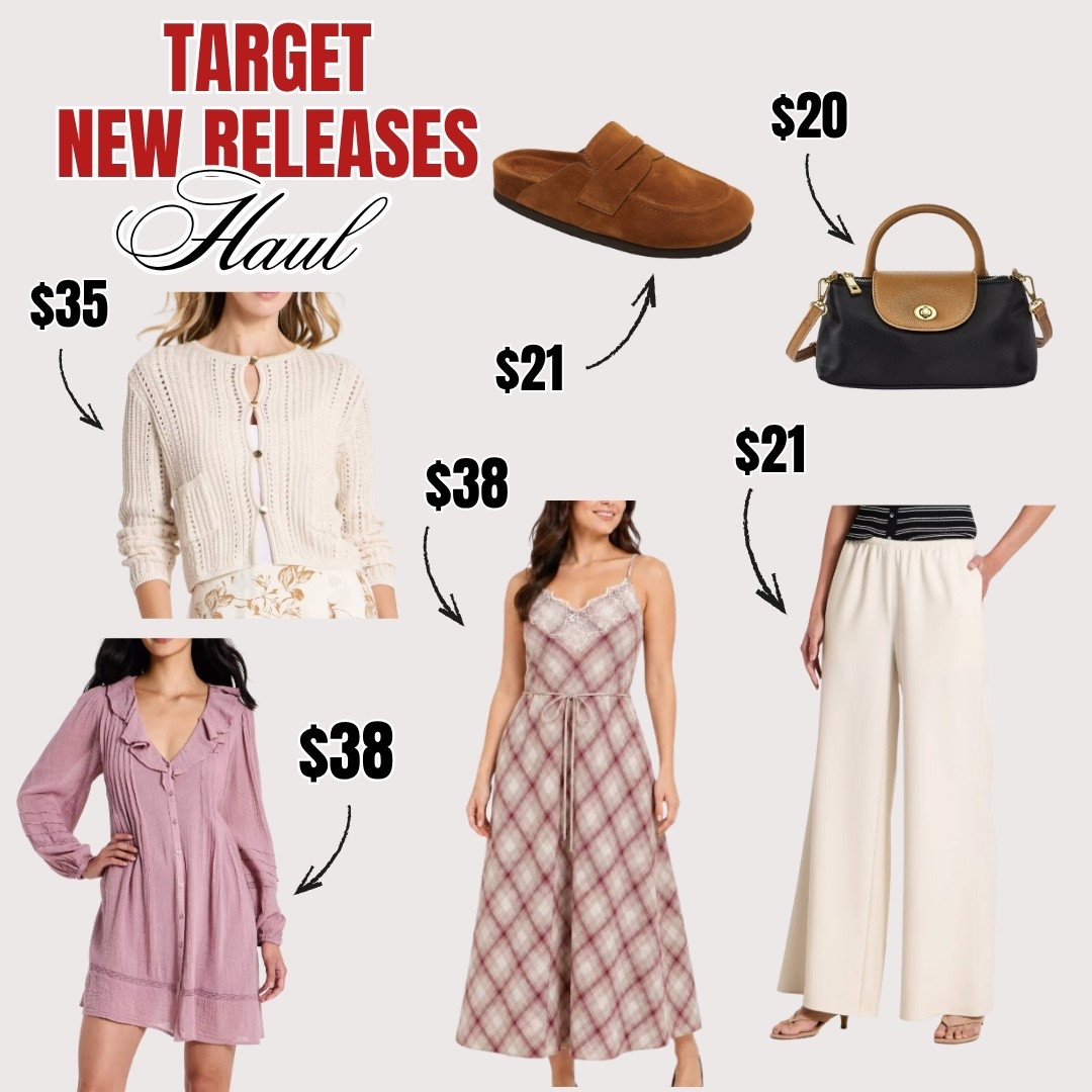 @Target new releases haul — so many good fall finds! 🎯🍂 An ivory crochet cardigan ($35), suede clog mules ($21), a black and tan crossbody ($20), a mauve button-front dress ($38), a plaid slip midi dress ($38), and cream wide-leg pants ($21).

Linking everything below, true to size on all!

#LTKSaleAlert #LTKootd #LTKSeasonal