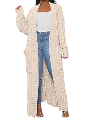 LIVECLOTH Long Sweaters for Women Cardigan Open Front Long Sleeve Plus Size Chunky Cable Knit Duster Cardigans with Pockets Winter Coat, Women's Extra Long Ankle Length Sweater (White, M) | Amazon (US)