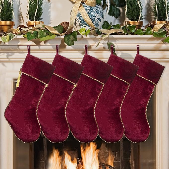 Red Christmas Stockings 5 Pack Velvet Christmas Stockings with Gold Tassel Decoration Large Stock... | Amazon (US)