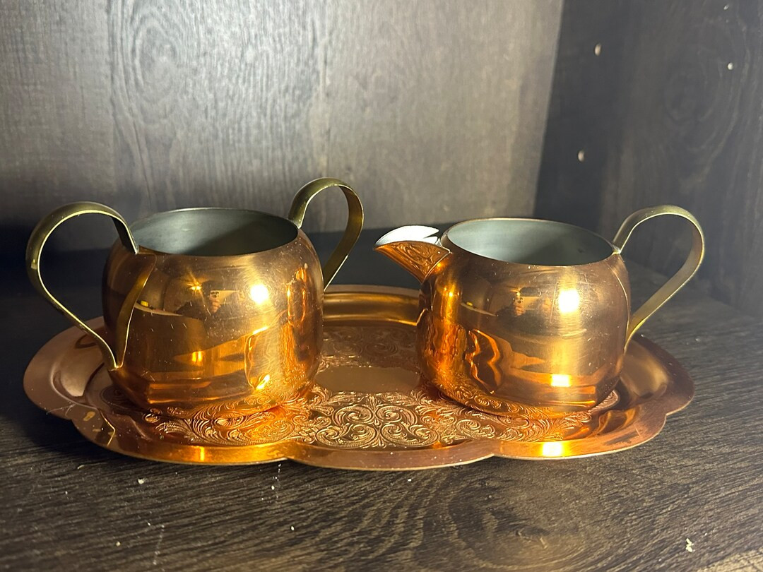 Vintage Creamer and Sugar Bowl Copper Set with Tray | Etsy (US)