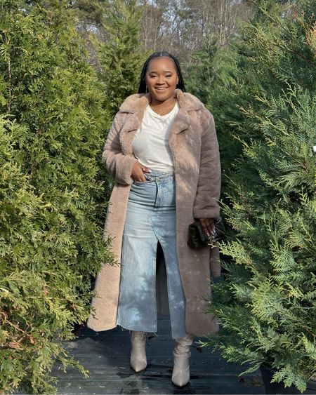 Winter Holiday outfit, denim skirt, teddy coat, and boots 🤍

#LTKmidsize #LTKHoliday #LTKstyletip