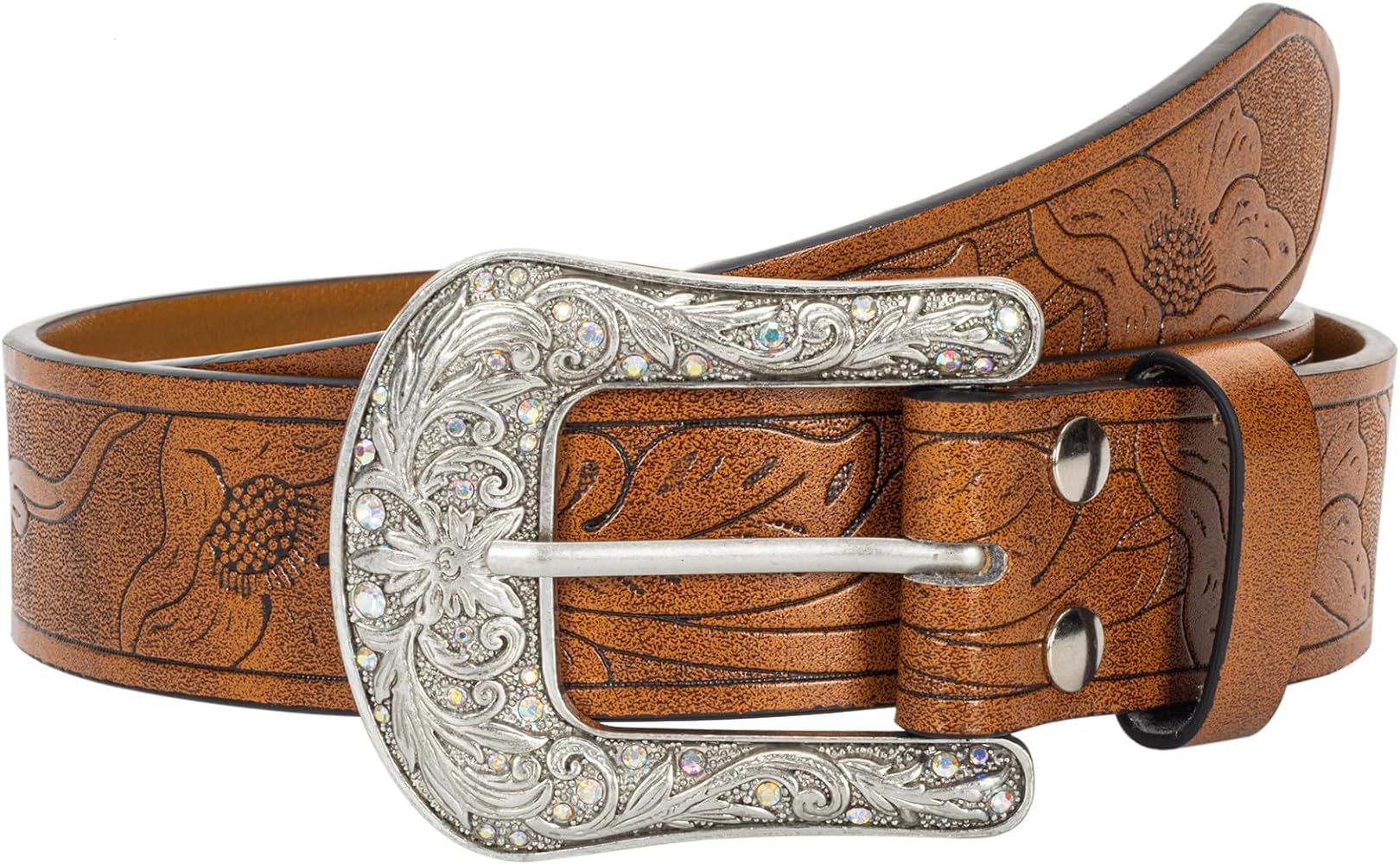 Women Vintage-Western PU Leather Rhinestone-Buckle-Belt Cowgirl Bling-Diamond Country Waist Belts... | Amazon (US)