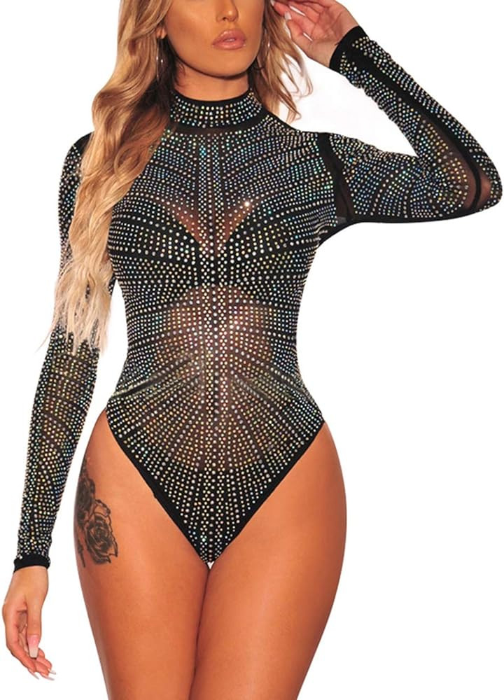 SEBOWEL Women Long Sleeves Mesh See Through Jumpsuit Bodysuit Top Leotard | Amazon (US)