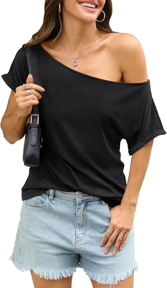 Womens Off Shoulder Tops Sexy Short Sleeve Shirts Rolled Sleeve Loose T Shirts Summer Going Out C... | Amazon (US)
