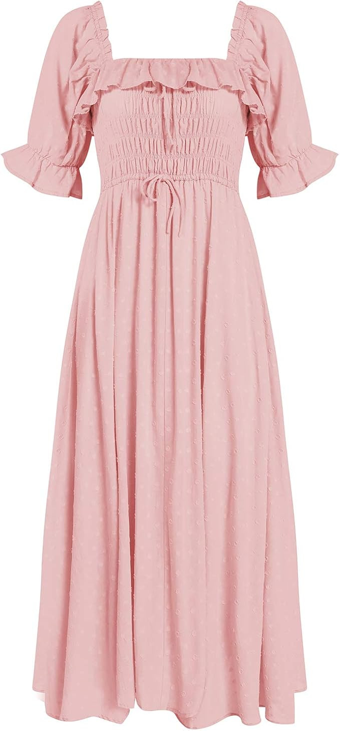 R.YIposha Women Vintage Elastic Square Neck Ruffled Half Sleeve Summer Backless Beach Flowy Maxi ... | Amazon (US)