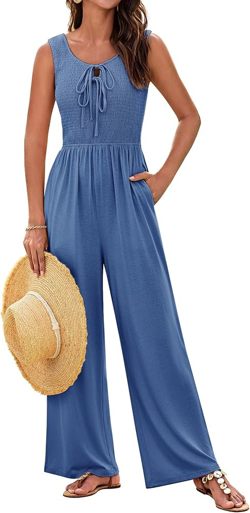 GRACE KARIN Jumpsuits for Women Bow Tie Front Overalls Smocked Tops Wide Legs Casual Knitted Outf... | Amazon (US)