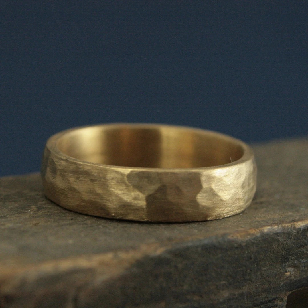 Hammered Gold Wedding Band Perfect Hammered 5mm Band Solid 14K Gold Men's Wedding Ring Rustic Ban... | Etsy (US)
