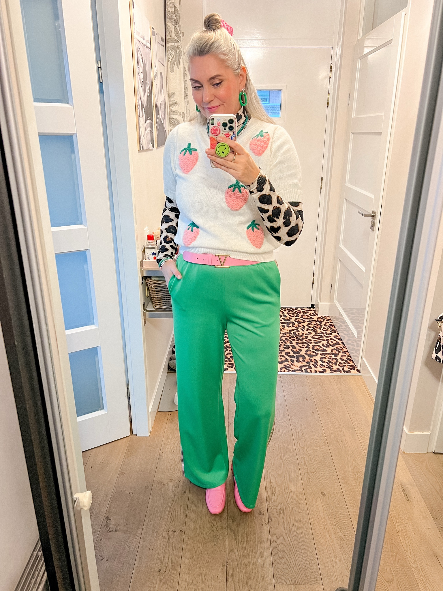 Ootd - Thursday. Fruit print sweater over a leopard longsleeve top paired with green tracksuit like trousers and pink loafers. 



#LTKeurope #LTKFashionMonth #LTKnederlands