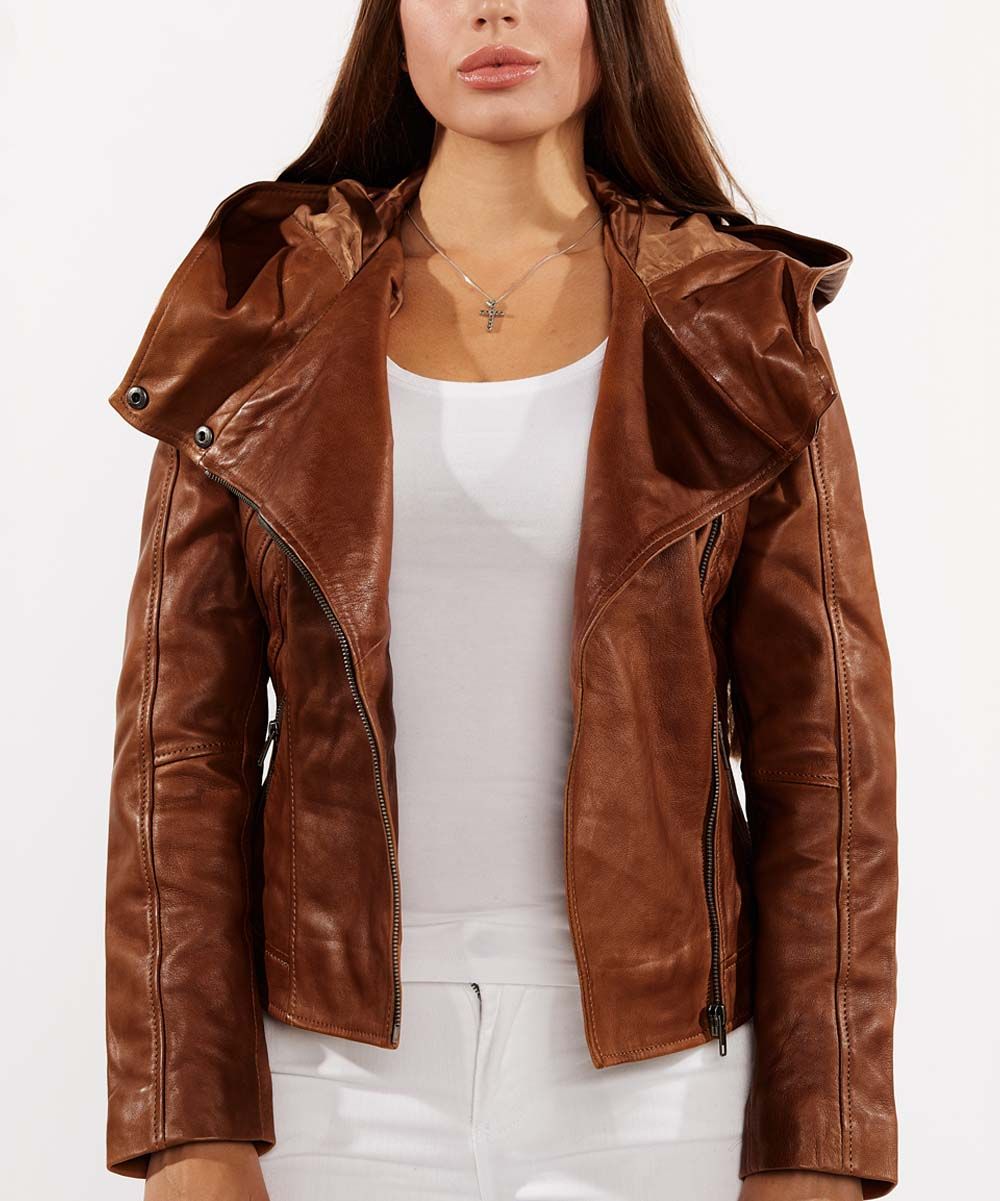 Fadcloset Women's Leather Jackets Brown - Brown Sasha Hooded Leather Jacket - Plus | Zulily