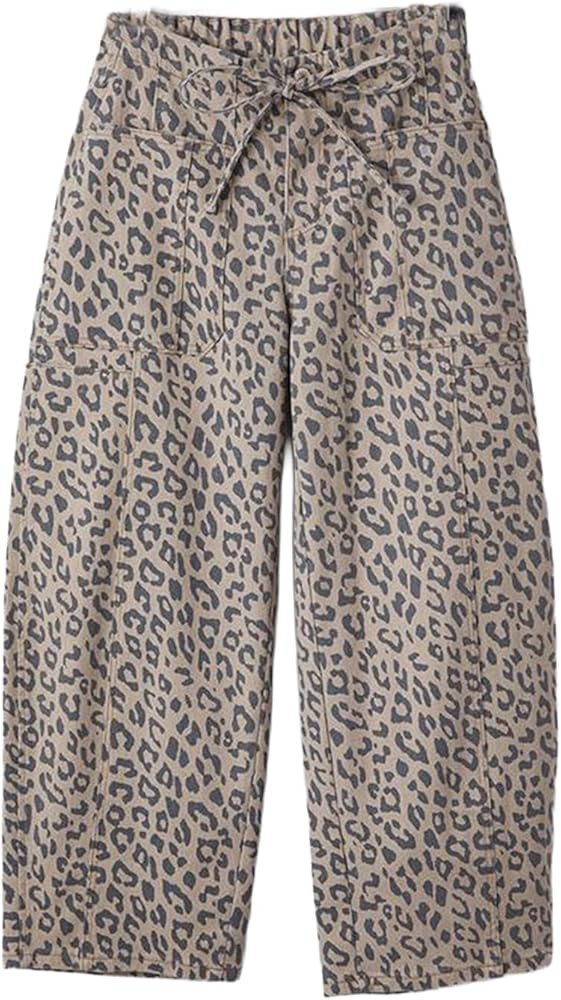 Leopard Print Pants Women Wide Leg Barrel Cheetah Panel Loose Fit Barrel Leg Bottoms Drawstring C... | Amazon (US)
