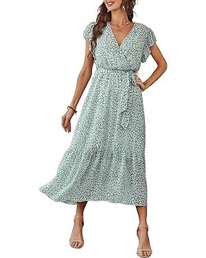PRETTYGARDEN Women's 2024 Floral Boho Dress Wrap V Neck Short Sleeve Belted Ruffle Hem A-Line Flo... | Amazon (US)