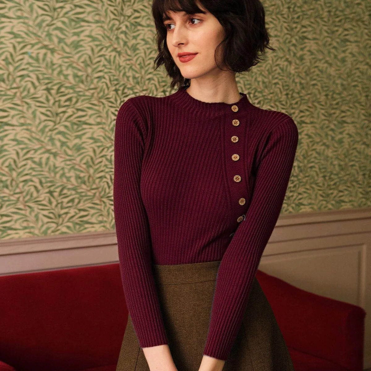 Wine Red Mock Neck Ribbed Knit Tee & Reviews - Wine Red - Tops | RIHOAS | rihoas.com