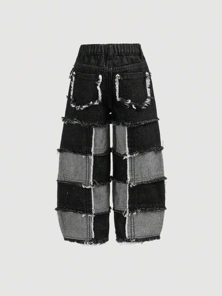 SHEIN Young Boy Distressed Y2k Street Cool Raw Edge Stitching Loose Fit Straight Leg Denim Jeans ... | SHEIN