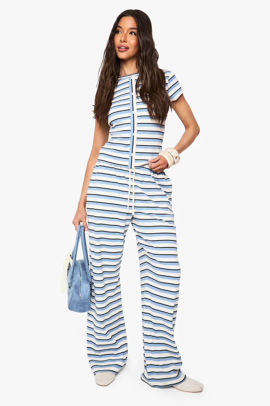 Blue Stripe Rib Button Through Short Sleeve Top | Boohoo | Boohoo.com (UK & IE)