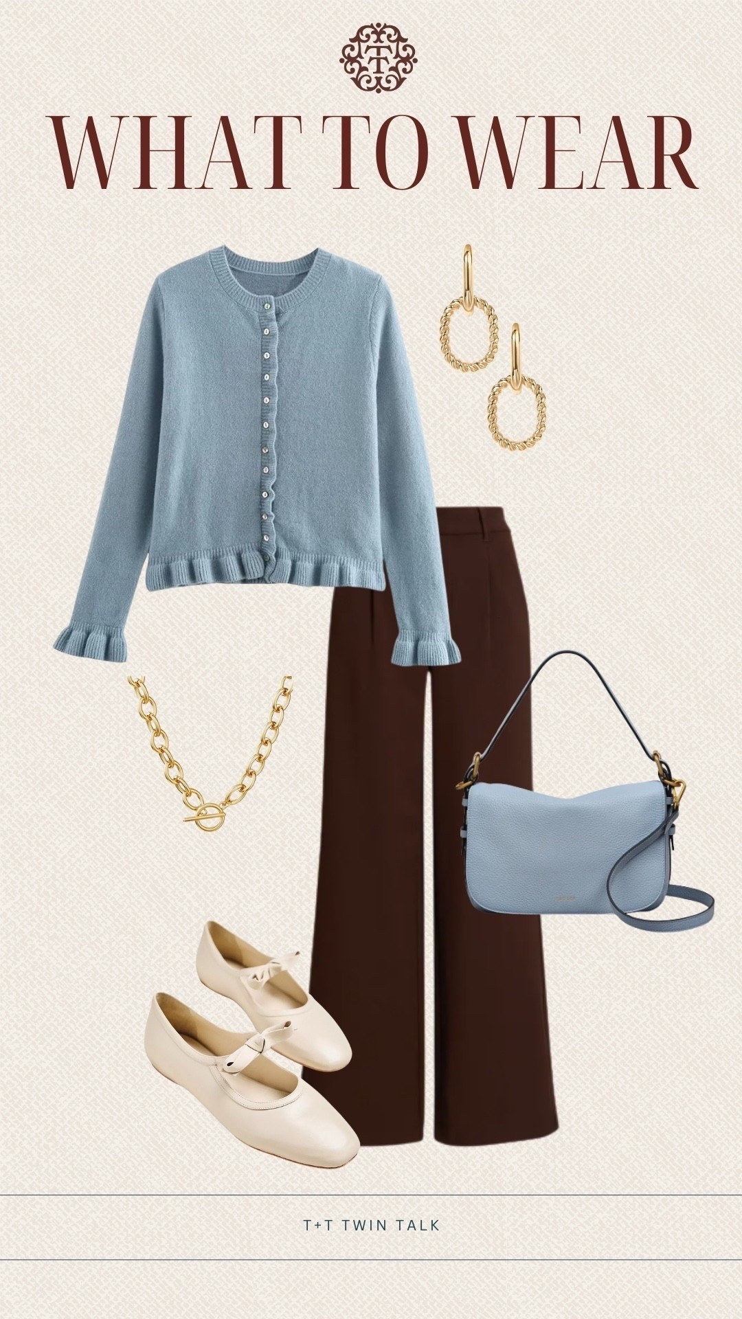 T+T, what to wear! We are loving this button down top with ruffle details from Amazon! We paired it with brown pants from Nordstrom, gold jewelry, and a light blue purse. The perfect outfit for brunch. 

