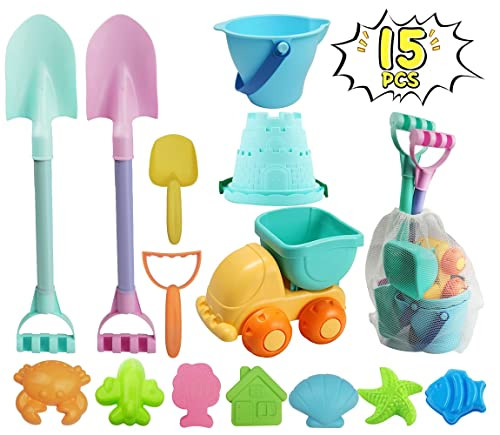 IOKUKI Long Shovels Sand Toys Set with Mesh Bag Including Dump Truck, Beach Buckets, Shovels, Rakes, Molds, Outdoor Beach Toys Tool Kit for Kids, Toddlers, Boys and Girls (15 PCS) Age 3+ | Amazon (US)