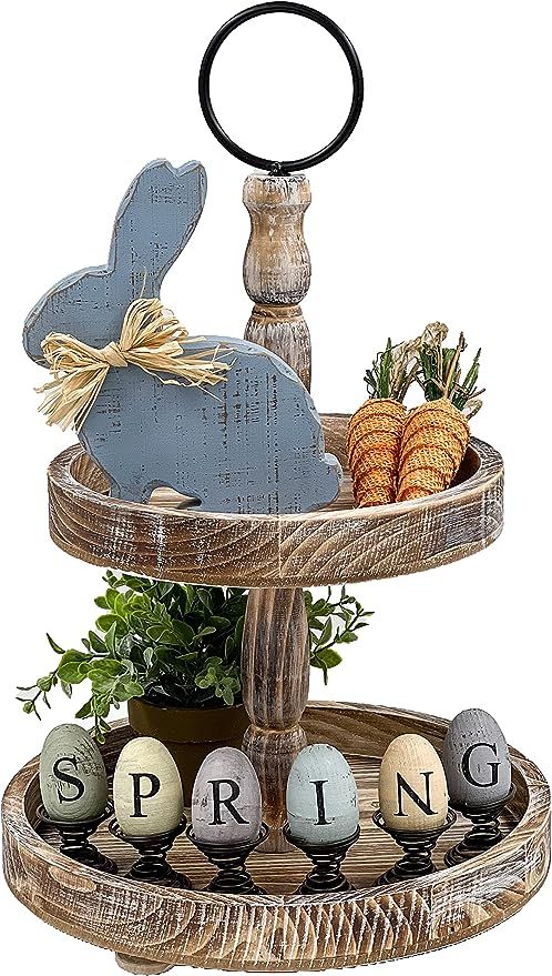 Spring Eggs 5-Piece Tiered Tray Decor Set Bundle, Includes 1 Blue Bunny, 1 Pack of 6 Wooden Sprin... | Amazon (US)