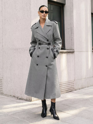 Double‑Breasted Gingham Belted Long Trench Coat | Commense